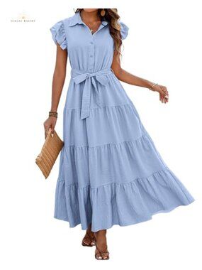 Boho Maxi Dress Ruffle Cap Sleeve V-Neck Tiered Flowy Belted Pockets